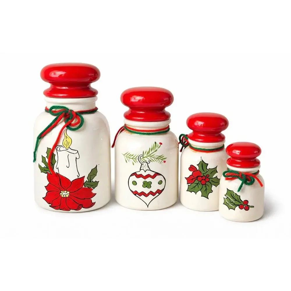 Christmas Canister Set Ceramic Holiday Jars  Lid Poinsettia Holly Decor Set of 4
